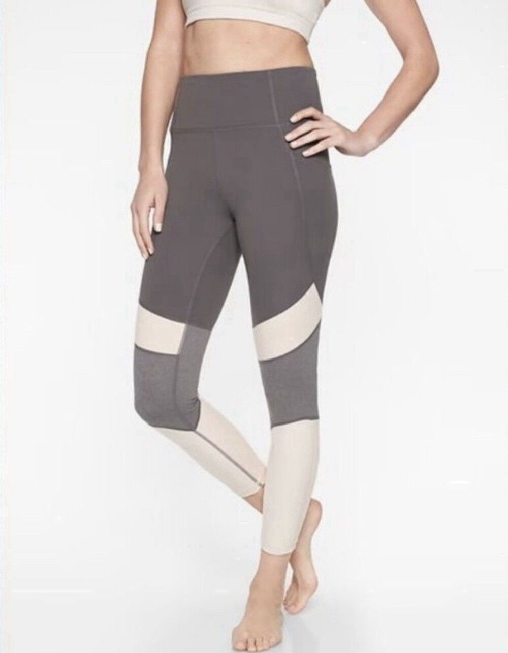 Athleta Salutation Modblock 7/8 Small Gray Pink Leggings Pilates Yoga
